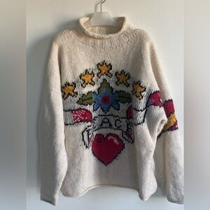 Amano London 90’s Handcrafted 100% Wool Tattoo Heart Peace Sweater Rare Vintage